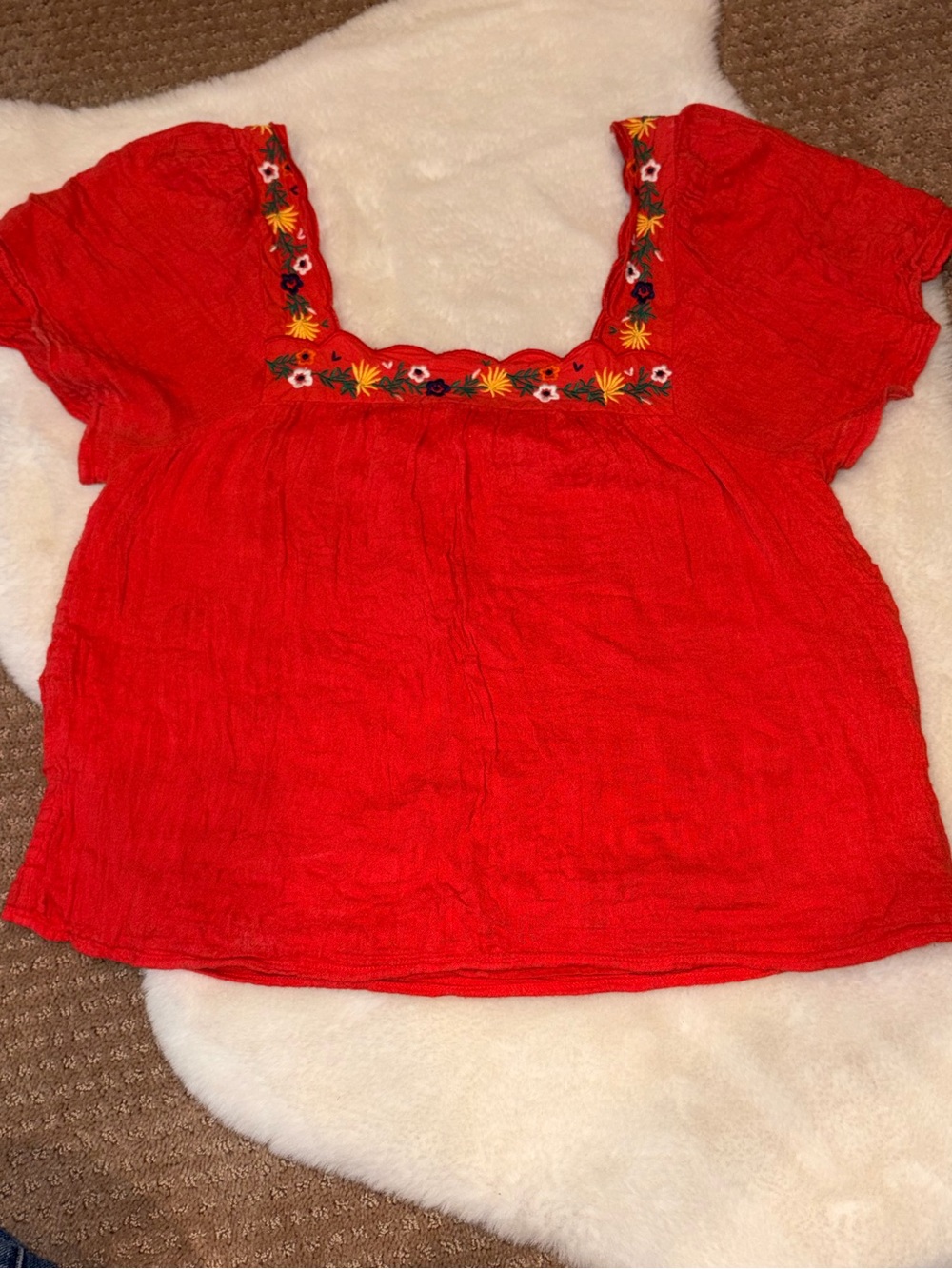 Sezane Red Embroidered Square-Neck Blouse